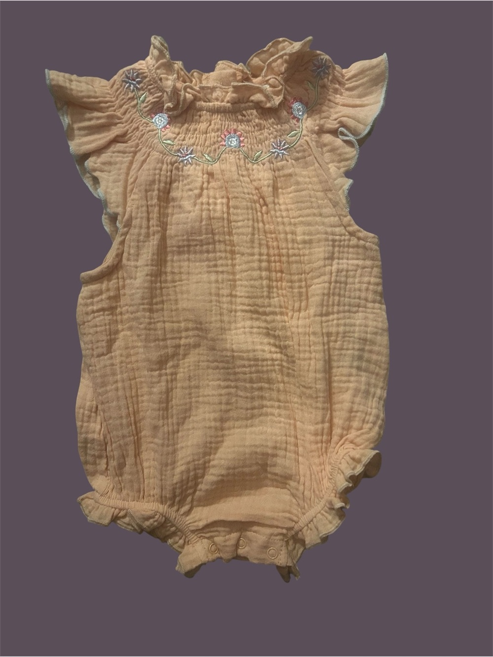 Peach Ruffled Baby One-Piece Bodysuit with Floral Embroidery 6-9mo nwt